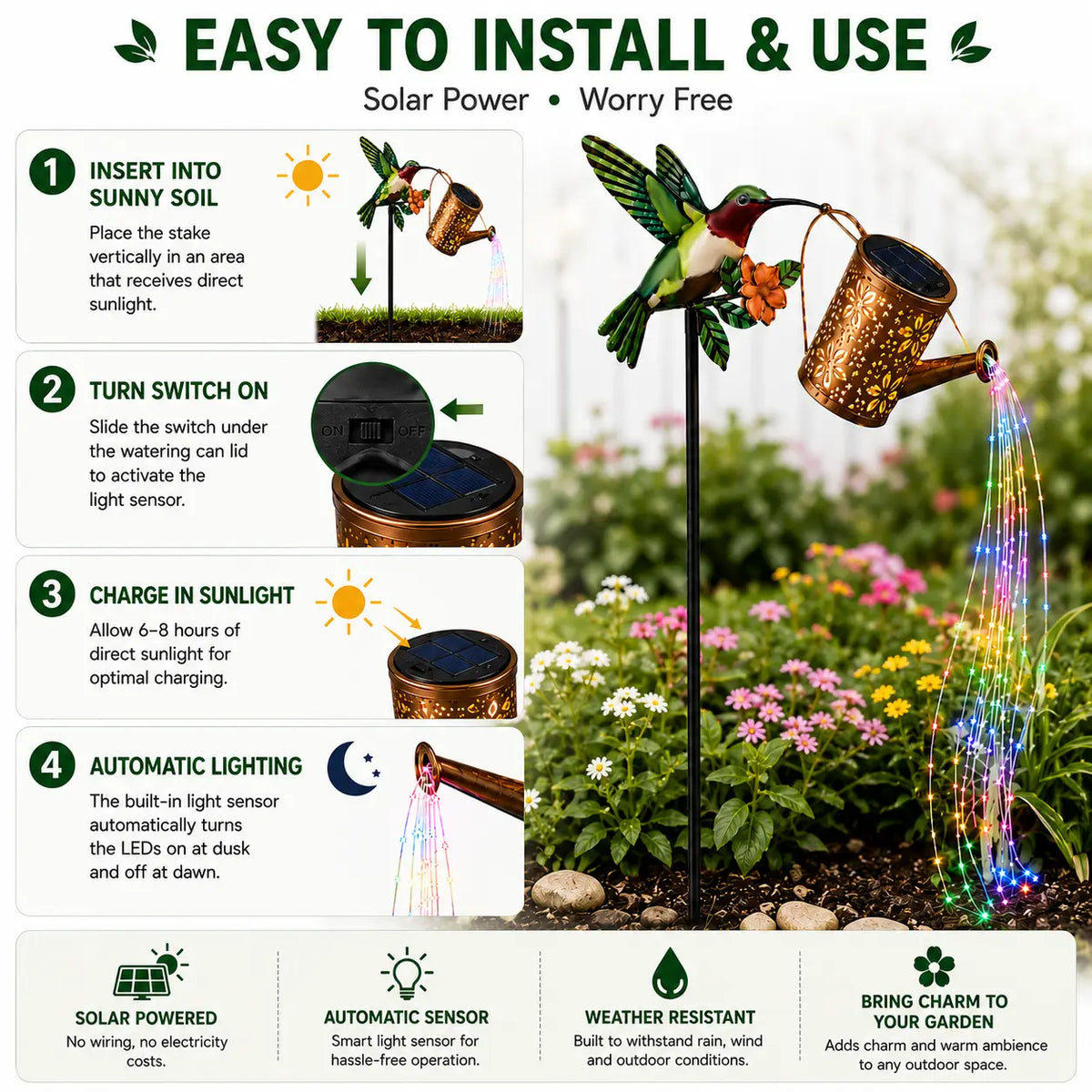 Solar LED Hummingbird Water Jug Lights with Iron Frame