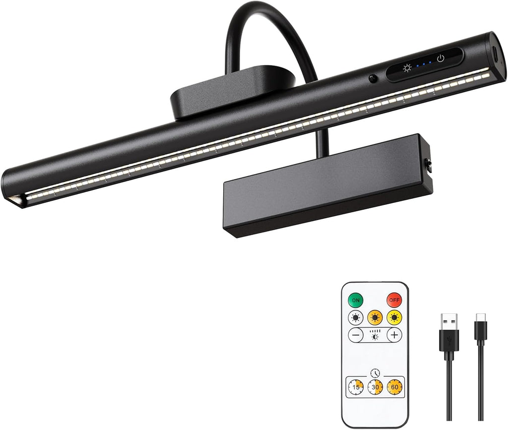 Dimmable Cordless Picture Light with Controller and Timer, Rechargeable Battery Wall Sconce for Wall Pictures, Gallery Artwork, Paintings, Portraits, Dartboards (Black)