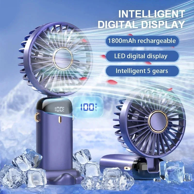 Mini Handheld & Neck Fan – 5 Speeds, USB Rechargeable, LED Display