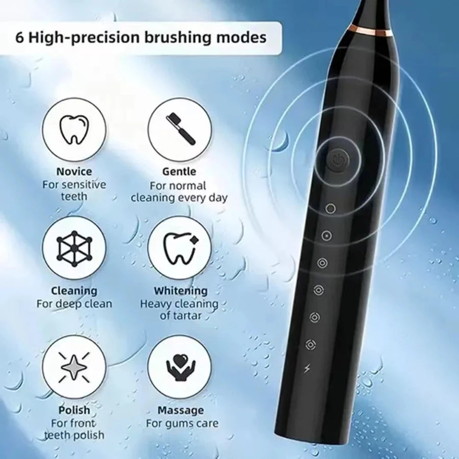 Electric Ultrasonic Toothbrush – 6 Speeds, USB Charging, Waterproof
